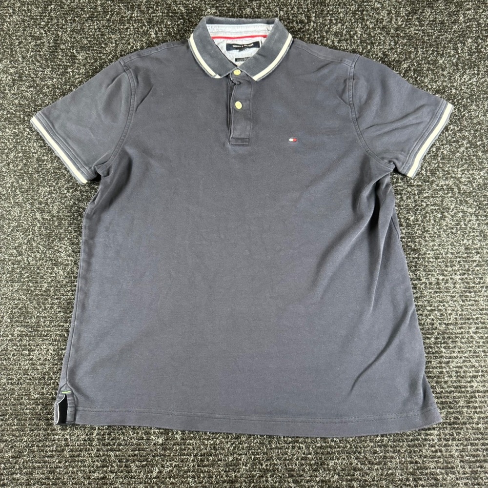 Tommy Hilfiger Mens Custom Fit Polo Shirt Navy Blue Striped Trim Short Sleeve M‎